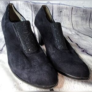 Laura Ashley black ankle boots with black rhinestone covered stretch band, 10M